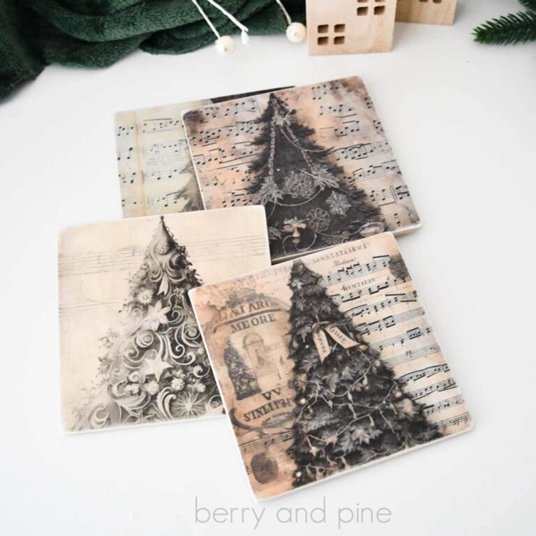 Square close up image of a stack of four vintage inspired Christmas wood coasters made with decoupage paper and ModPodge.